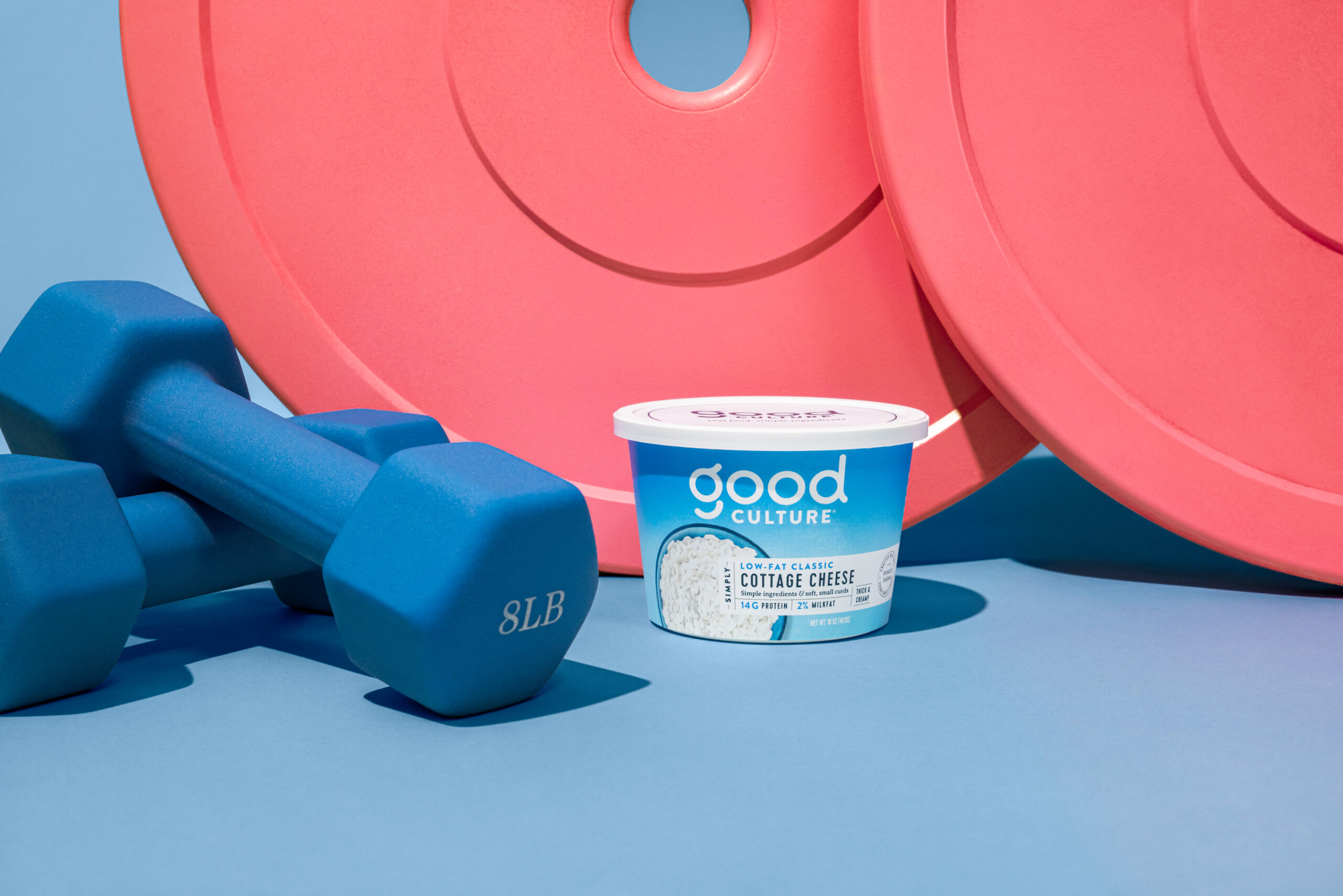 A container of Good Culture cottage cheese sits between two blue 8-pound dumbbells and two large pink weight plates on a blue surface—perfect inspiration for high protein snacks for kids or easy lunchbox ideas.